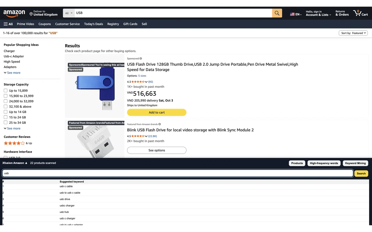Xfusion Amazon Keyword Mining table showing suggested keywords