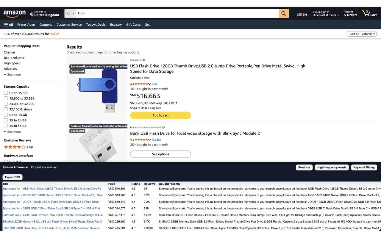 Xfusion Amazon products table on a search results page