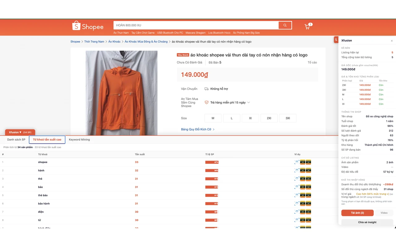 Bảng từ khoá tần suất cao của Xfusion trên trang Shopee