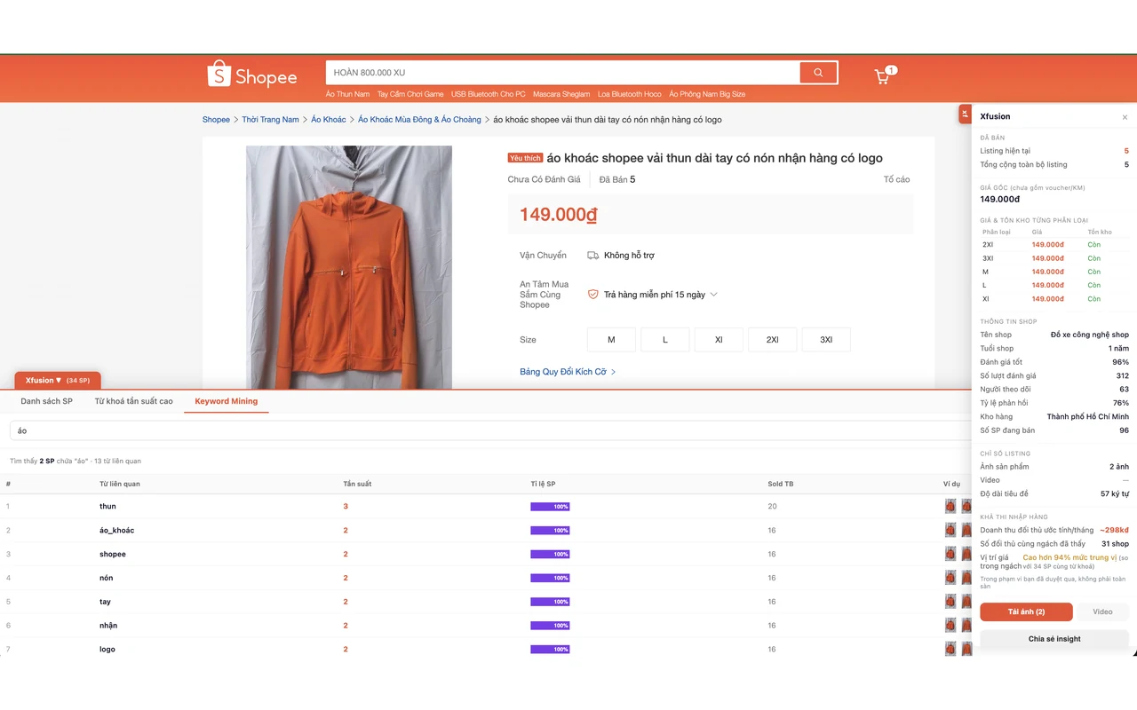 Bảng Keyword Mining của Xfusion trên trang Shopee